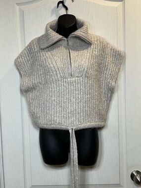 Zara Cream Ribbed Cropped Turtleneck Zip Sweater wool blend with tie waist